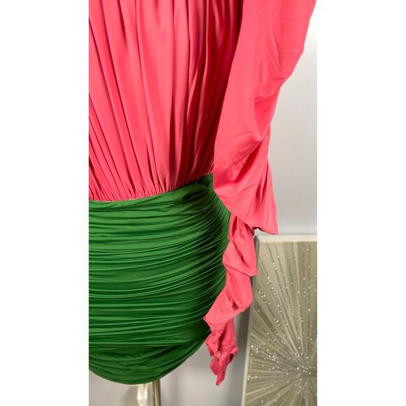 Alex Perry Ruched Strapless Jersey Pink and Green Mini Dress with Gloves Size 6 - Picture 9 of 13